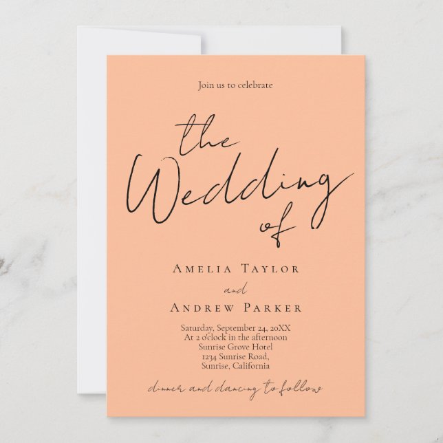 Elegant Peach Modern Chic Typography Wedding Invitation (Front)