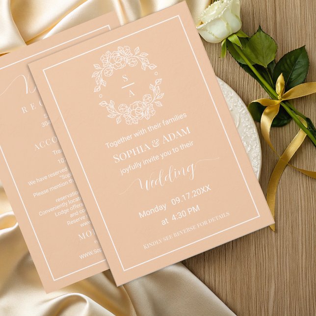 Elegant Peach Monogram Floral Crest Wedding Invitation (Creator Uploaded)