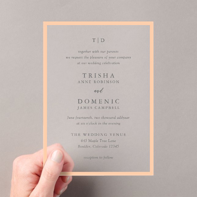 Elegant Peach Monogram Modern Wedding Acrylic Invitations (Insitu (Handheld))
