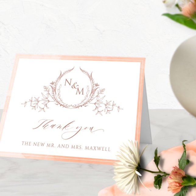 Elegant Peach Monogram, Watercolor Wedding Thank You Card (Creator Uploaded)