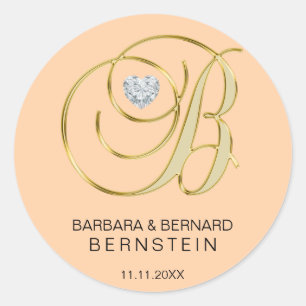 Elegant Peach Monogrammed Letter B Heart Diamond Classic Round Sticker