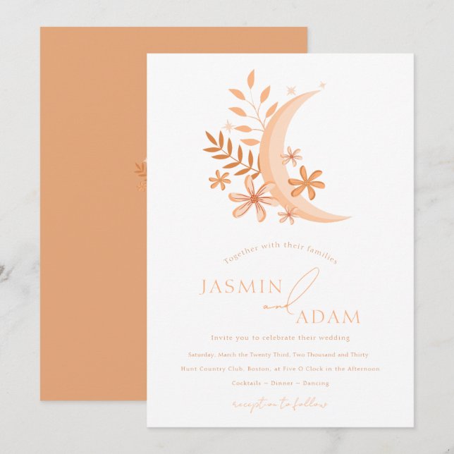 Elegant Peach Moon Monogram Wedding Invitation (Front/Back)