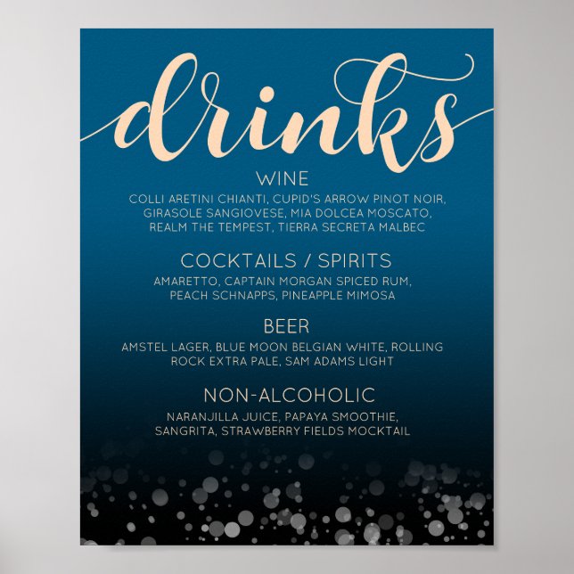 Elegant Peach Mykonos Blue Wedding Drinks Bar Menu Poster (Front)