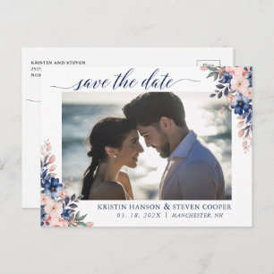 Elegant Peach Navy Blue Floral Photo Save The Date Postcard