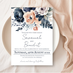 Elegant peach navy floral watercolor wedding invitation