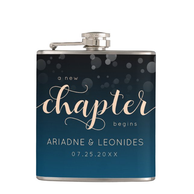 Elegant Peach Oceanic Blue Wedding A New Chapter Hip Flask (Front)