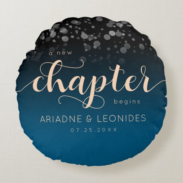 Elegant Peach Oceanic Blue Wedding A New Chapter Round Cushion (Front)