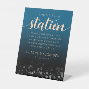 Elegant Peach Oceanic Blue Wedding Sanitising Pedestal Sign