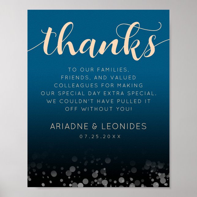 Elegant Peach Oceanic Blue Wedding Thank You Poster (Front)