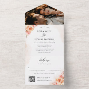 Elegant Peach Orange Floral Photo Wedding All In One Invitation