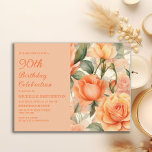 Elegant Peach Orange Floral Roses 90th Birthday Invitation Postcard<br><div class="desc">Beautiful peach/orange roses women's 90th birthday party floral invitation postcard.  Text is fully customisable,  so this card can be designed for any age.  Contact me for assistance with customisation or to request matching products.</div>