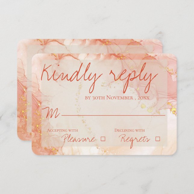 Elegant Peach Orange Gold Marble Cute Wedding RSVP Card (Front/Back)