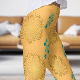 Elegant Peach Peacock Fan Pattern Leggings