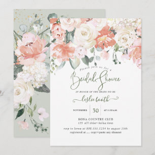 Elegant Peach Peonies Cream Roses Bridal Shower Invitation