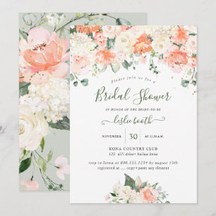 Elegant Peach Peonies Cream Roses Bridal Shower Invitation
