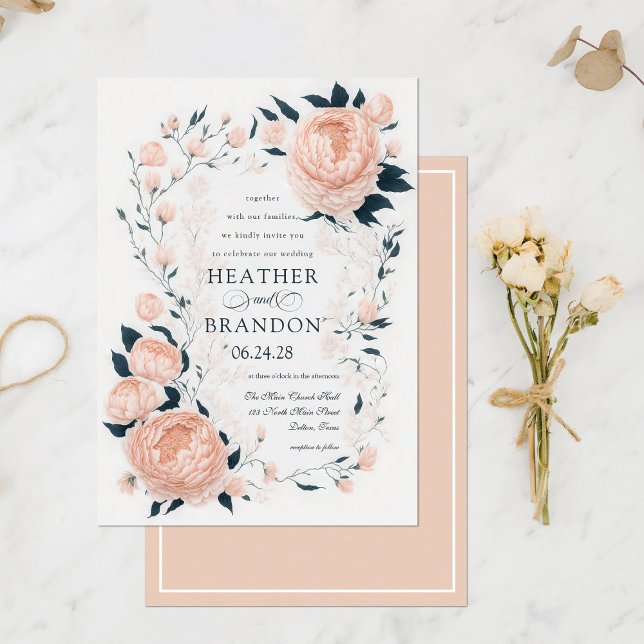 Elegant Peach Peonies Floral Spring Wedding Invitation (Creator Uploaded)