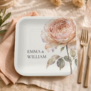 Elegant Peach Peony Watercolor Botanical Wedding Paper Plate