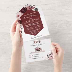 Elegant Peach Pink Burgundy Floral Wedding All In One Invitation