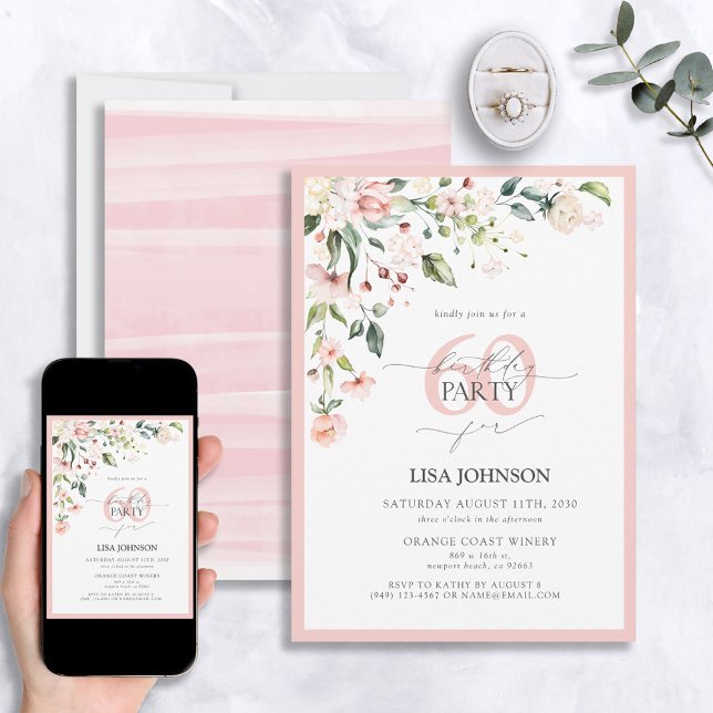 Elegant Peach Pink Floral Script 60th Birthday Invitation (Creator Uploaded)
