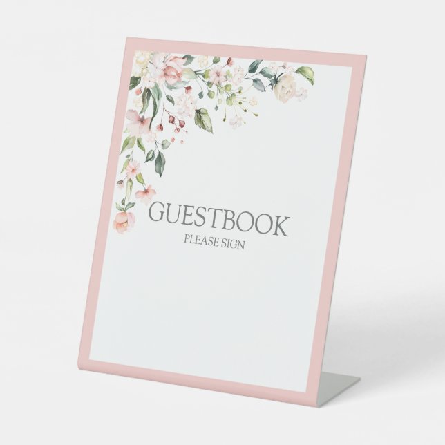 Elegant Peach Pink Watercolor Floral Guestbook Pedestal Sign (Front)