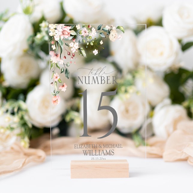 Elegant Peach Pink Watercolor Floral Reception Acrylic Sign (Wedding Table Number!)