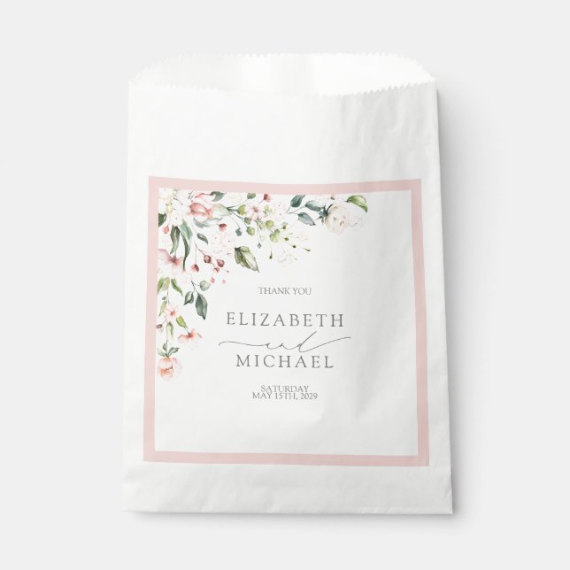 Elegant Peach Pink Watercolor Floral Wedding Favour Bags (Front)