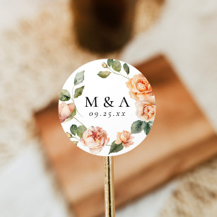 Elegant Peach Rose Monogram Wedding Classic Round Sticker