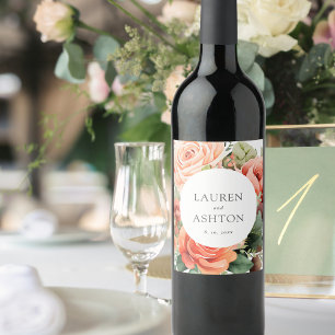 Elegant Peach Rose Personalised Wedding Wine Label