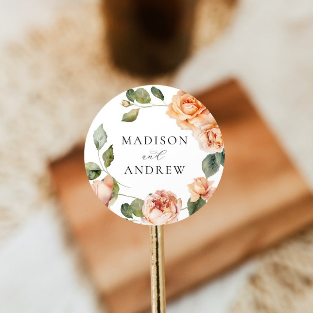 Elegant Peach Rose Wedding Classic Round Sticker (Creator Uploaded)