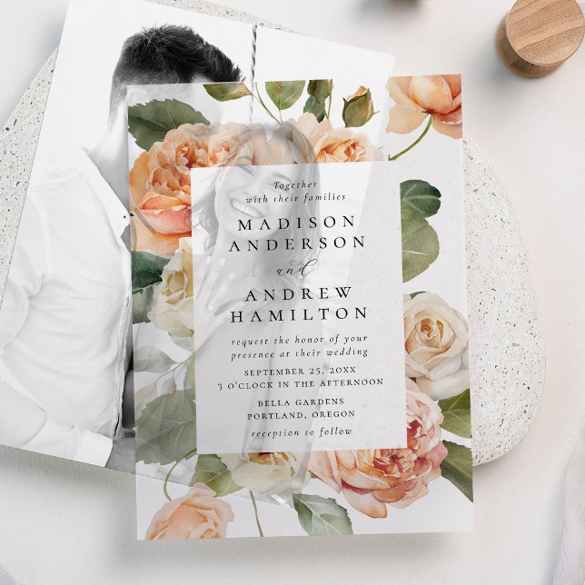 Elegant Peach Rose Wedding Vellum Invitations (Creator Uploaded)
