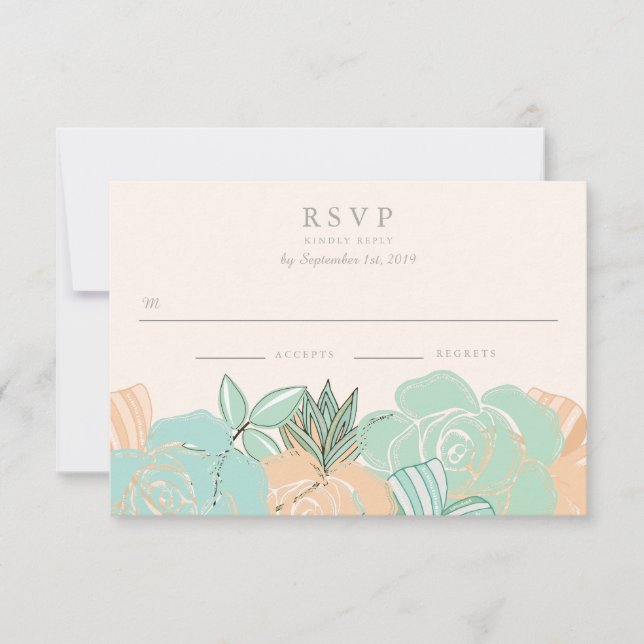Elegant Peach Roses Mint Floral Wedding RSVP Card (Front)