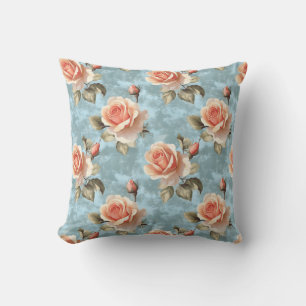 Elegant Peach Roses on Blue Background Cushion