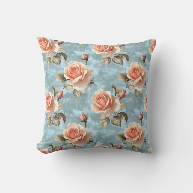 Elegant Peach Roses on Blue Background Cushion (Front)