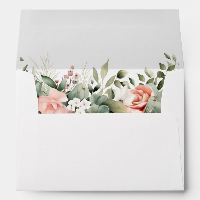 Elegant Peach Sage Green Floral Wedding Envelope (Back (Bottom))