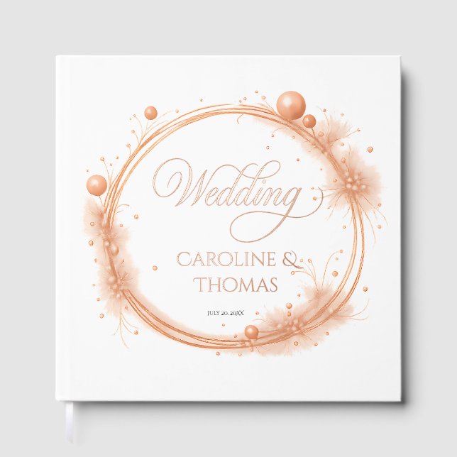 Elegant Peach Sparkle Wedding Script Calligraphy Guest Book (Front)