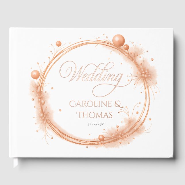 Elegant Peach Sparkle Wedding Script Calligraphy Guest Book (Front)