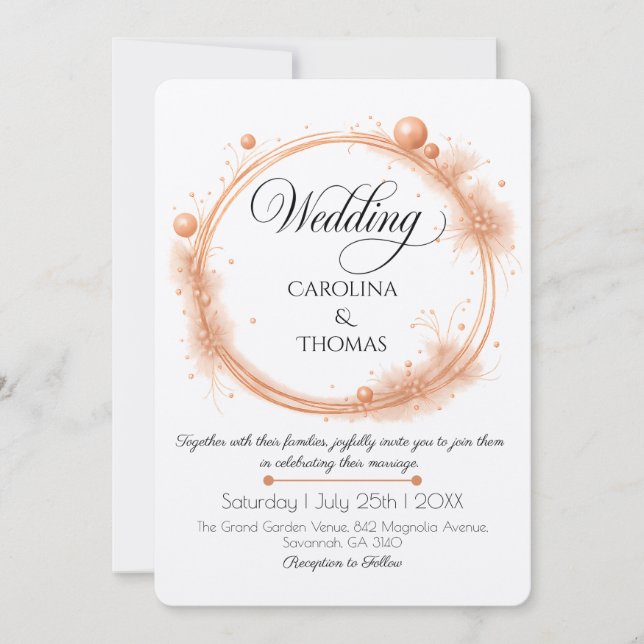 Elegant Peach Sparkle Wedding Script Calligraphy Invitation (Front)