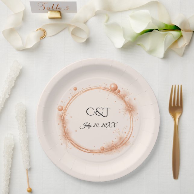 Elegant Peach Sparkle Wedding Script Calligraphy Paper Plate (Wedding)