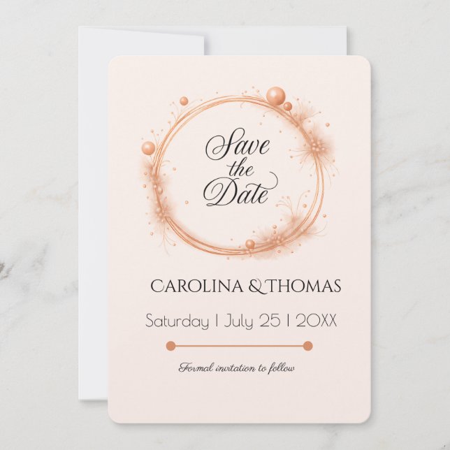 Elegant Peach Sparkle Wedding Script Calligraphy Save The Date (Front)