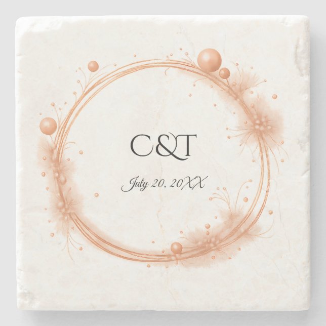 Elegant Peach Sparkle Wedding Script Calligraphy Stone Coaster (Front)