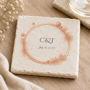 Elegant Peach Sparkle Wedding Script Calligraphy Stone Coaster