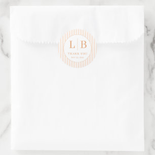 Elegant Peach Stripes and Initials Classic Round Sticker
