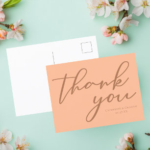 Elegant Peach Typography Summer Wedding Thank You Postcard