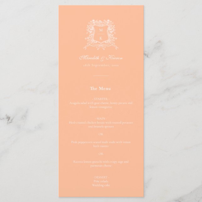 Elegant Peach Vintage Crest Thank You Wedding Menu (Front)