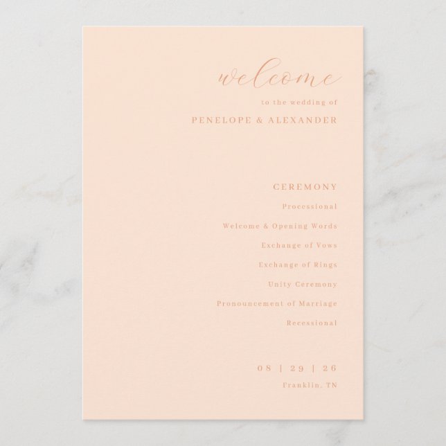 Elegant Peach Wedding Ceremony Program Programme (Front)