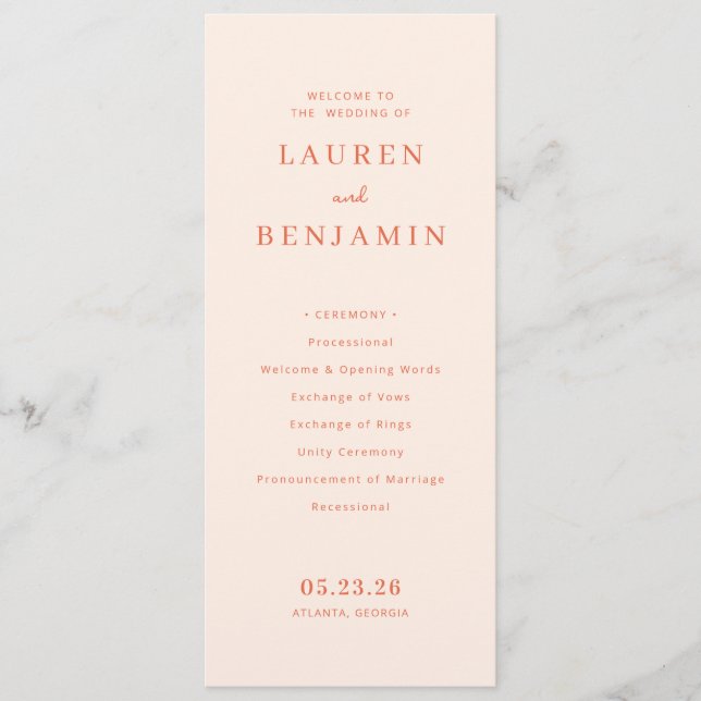 Elegant Peach Wedding Ceremony Programme (Front)
