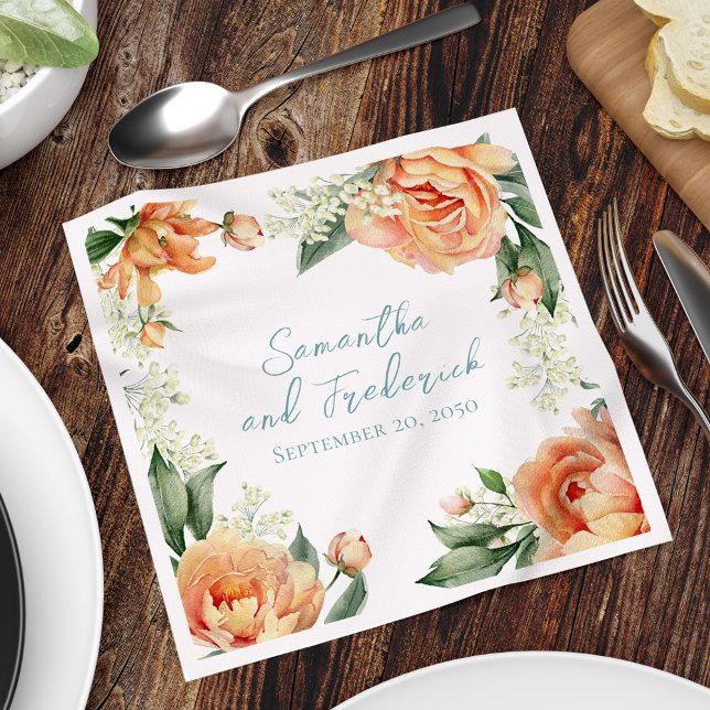 Elegant Peach Wedding Custom Floral Napkin (Elegant wedding cocktail napkin with peach floral accents. )
