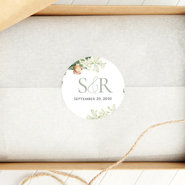 Elegant Peach Wedding Green Floral Custom Classic Round Sticker (Elegant peach floral wedding monogram sticker. )