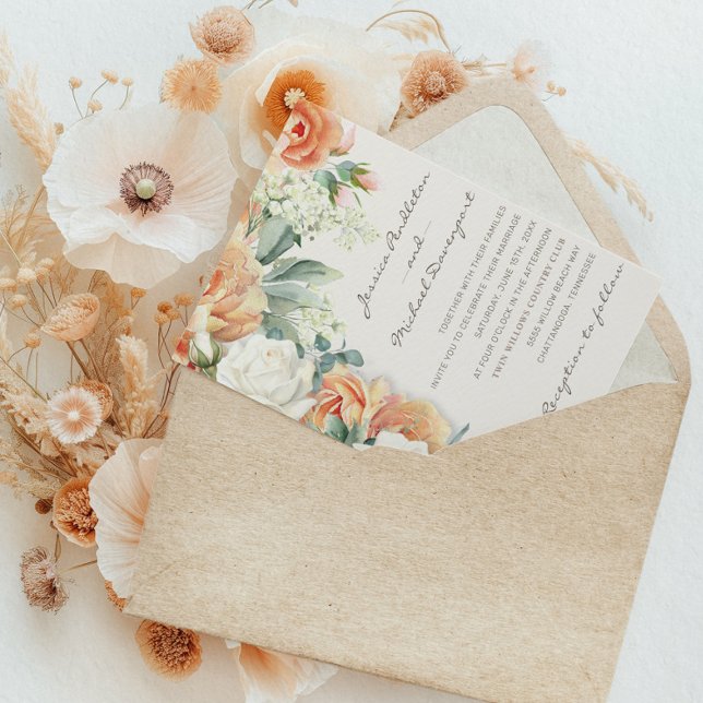 Elegant Peach White Floral Eucalyptus Wedding Invitation (Elegant peach and cream-colored watercolor floral wedding invitation)