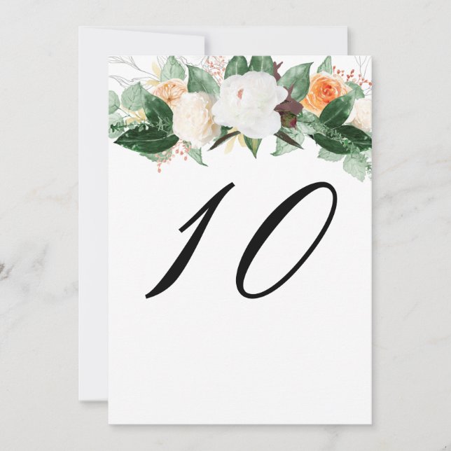 Elegant Peach White Floral Wedding Table Number (Front)